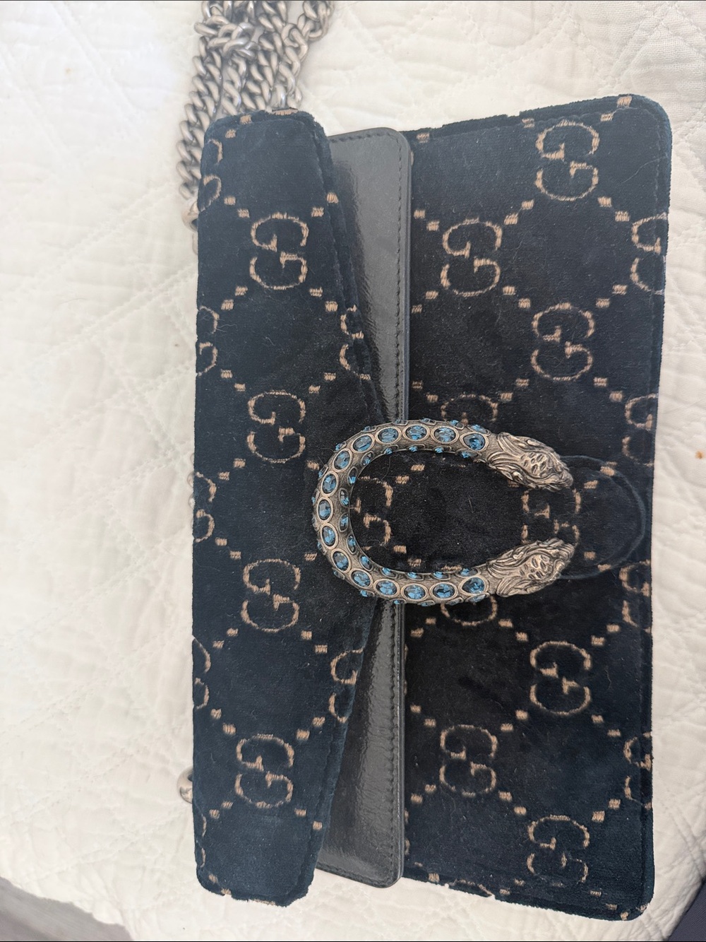 Gucci Black GG Velvet Card Holder with Crystal-Studded Tiger Head Closure
